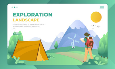Exploration landscape, nature illustration on landing page template