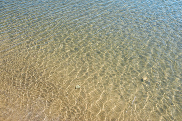 Fototapeta na wymiar texture of water and sand, ripples of blue clear sea and sandy bottom visible, wallpapers about vacation and vacation