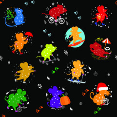 Vector seamless background with various mice, symbol of 2020. For the design of posters and fabrics.