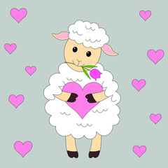  Greeting card cute little sheep holds a heart and a flower vector illustration gray background