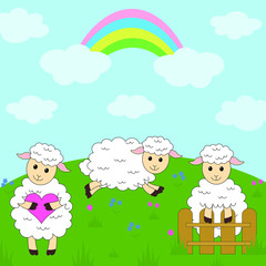  Greeting card cute sheep vector illustration landscape flowers clouds