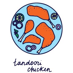Hand drawn isolated indian food icon. Color fill illustration of indian dish. Tandoori chicken on the plate.