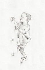Boy on climbing wall. Sketch.