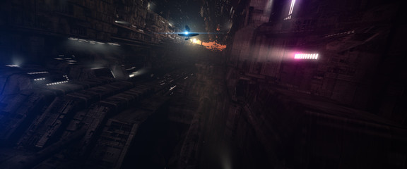 Futuristic science fiction mega city down under metropolis architecture depiction of future city...
