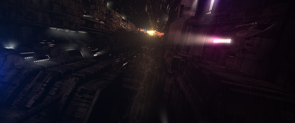 Futuristic science fiction mega city down under metropolis architecture depiction of future city...