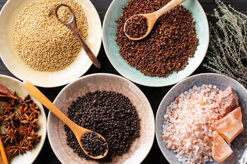 Set of spices on wood background.Top view.Organic spice concept.