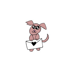 Simple cute color contour dog with love letter. Doodle. Design element for greeting card, Valentines day, birthday, prints, postcard, logo badges stationery web