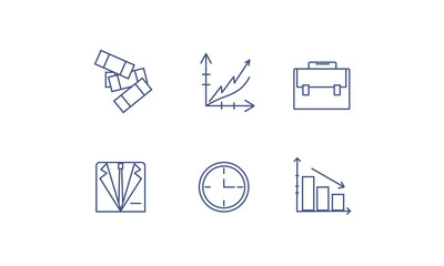 Business vector icons set: money, chart, bag, suit, time 