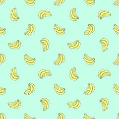 Vector seamless pattern with doodle bananas on blue background; fruity design for fabric, wallpaper, textile, package, web design.