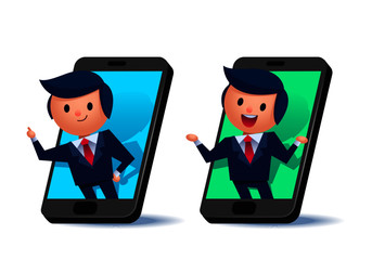 Vector concept illustration of businessman characters giving advices, speaking on mobile screen 