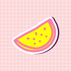 Lobule watermelon yellow and pink colors sticker isolated on textured background.Summer useful sweet fruit. Vector sign illustration