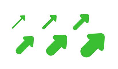 Set Arrows and directions signs up. different thicknesses from thin to thick. green Vector arrows isolated on white background.