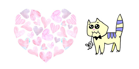 Background for greeting card, letter, Declaration of love with hearts and cute animals. Simple illustration for stationery, notebooks, girls, birthday, Valentines day, invitation
