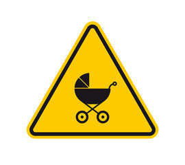 Vector yellow triangle sign - black silhouette stroller. Isolated on white background.
