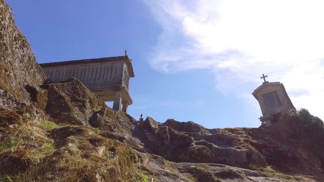 Typical corn stone driers granaries Espigueiros in Soajo village Portugal 4k