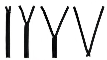 Collection of isolated black zippers on white background. 