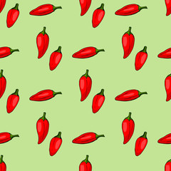 Seamless pattern with stylish positive red hot peppers on light green background for fabric, textile, clothes, tablecloth and other things. Vector image.