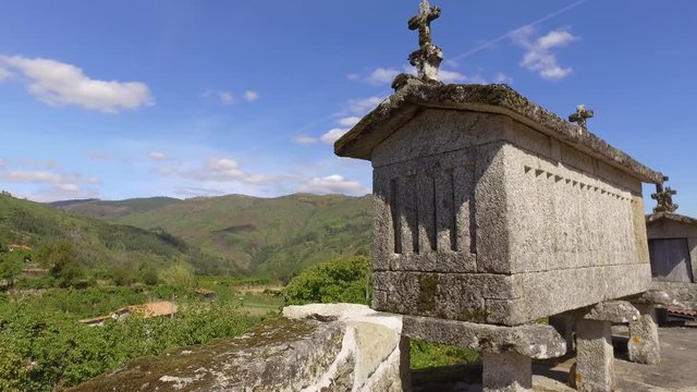 Typical corn stone driers granaries Espigueiros in Soajo village Portugal 4k