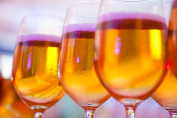 Selective Focused Glasses of Draught Beer or Craft Beer, Refreshment, Liquor, Alcoholic Drink, Beverage. Celebration Party Background. Beer brewed from cereal grain by brewer, Brewing Industry concept