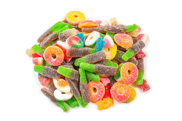 Assorted gummy candies. Top view. Jelly  sweets.