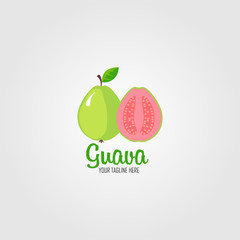 Guava with leaves whole and slices of guava. Guava icon. Isolated object. guava logo. Healthy food. Vitamin food. Vector illustration.	