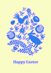 Fototapeta na wymiar Happy easter card with flowers and rabbits and egg