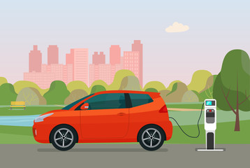 Compact hatchback car on a background of abstract cityscape. Electric car is charging, side view. Vector flat illustration.