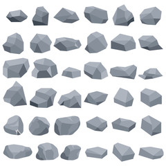 Stones, a large set of gray stones isolated on a white background. Vector, cartoon illustration of a stone.