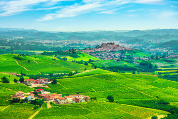 Obraz premium Langhe vineyards panorama, Roddi village, Piedmont, Italy Europe.