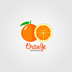 Orange with leaves whole and slices of oranges. Flat vector illustration icon for decorative poster, emblem natural product, farmers market. Website page and mobile app design