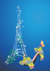 composition with flowers, high-heeled shoes and the Eiffel Tower