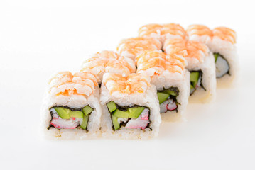 Sushi rolls. Set of eight sushi rolls isolated on white background. Philadelphia, California sushi