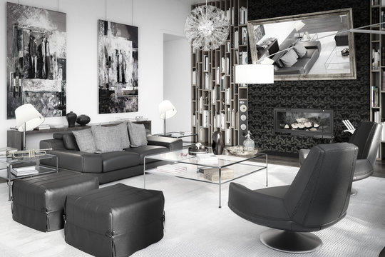 Contemporary Apartment Furnishing - black and white 3d visualisation