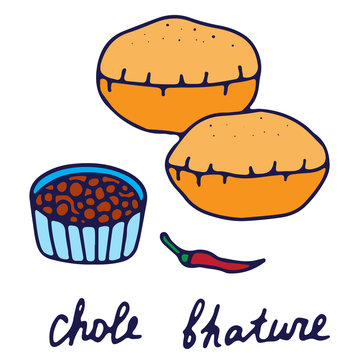 Hand drawn isolated indian food icon. Color fill illustration of indian dish. Chole bhature. 