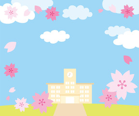 Obraz na płótnie Canvas 桜の花と学校の校舎の風景300x250サイズ対応バナー