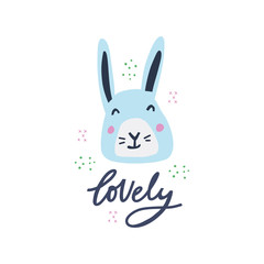 Lovely hand drawn decorative color vector lettering. Cute skyblue hare in scandinavian style flat illustration. Wild rabbit and inscription calligraphy on white backdrop. Child t shirt design idea