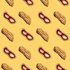 Seamless pattern walnut peanuts yellow background