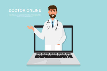 doctor help and care people inside laptop