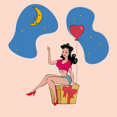 Obraz na płótnie Canvas Sexy Pin-up woman sits on a gift box with holds an inflatable heart and points a finger to the moon halftone