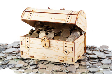 A treasure of money coins lies in and around the chest.