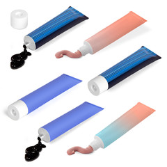Six tubes of different color on a white background