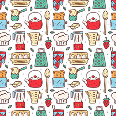 Kitchen elements cute doodle hand drawn cartoon vector seamless pattern, background, texture, wallpaper. Colorful design. Isolated on white background. Cooking equipment, food, kitchenware, herbs. 