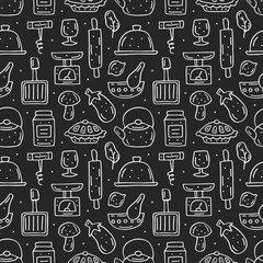 Kitchen elements cute doodle hand drawn cartoon vector seamless pattern, background, texture, wallpaper. Chalk design. Isolated on dark background. Cooking equipment, food, kitchenware, herbs. 