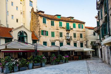 Croatia, old city of Split, cafes and shops on the Fruit Square in the Old Town, early morning 