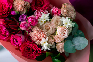 Close-up Large Beautiful bouquet of mixed flowers. Flower background and Wallpaper. Floral shop concept . Beautiful fresh cut bouquet. Flowers delivery