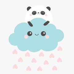 Happy Valentines Day. Panda bear face holding cloud in the sky. Rain heart drop. Cute cartoon kawaii funny smiling baby character. Nursery decoration. Kids print. White background. Flat design.