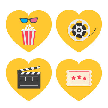 Pop corn heart icon set. 3D glasses. Movie reel. Open clapper board. Popcorn box package. Ticket Admit one. Three star. I love cinema. Flat design style. Yellow background.