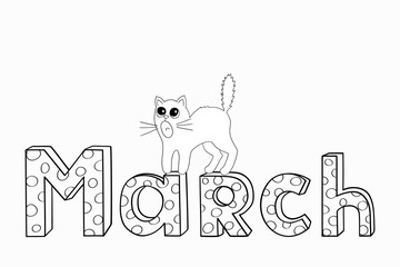 Fototapeta na wymiar Hand written word Mart and screaming kitten. Cat wants love in the spring. Outline doodle text for diary, banner, calendar, template for social networks. Stock vector illustration isolated on white.