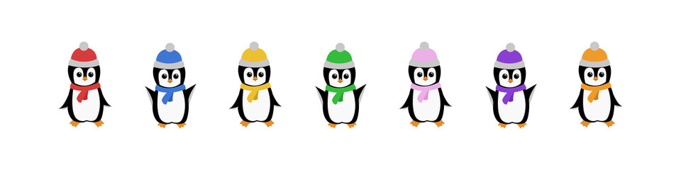 Banner with cute penguins in colorful hats. Vector.