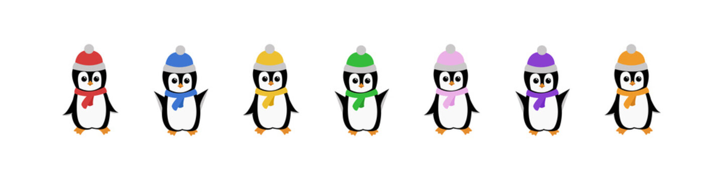 Banner with cute penguins in colorful hats. Vector.